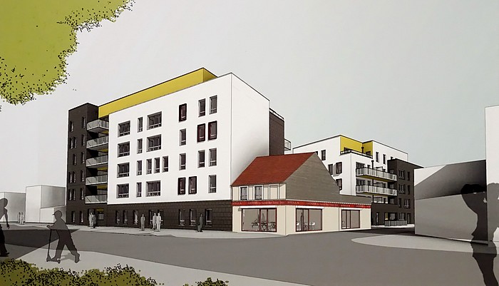 Maquette du projet immobilier à Sotteville-lès-Rouen avec l'ancien bar-tabac la Narval représenté