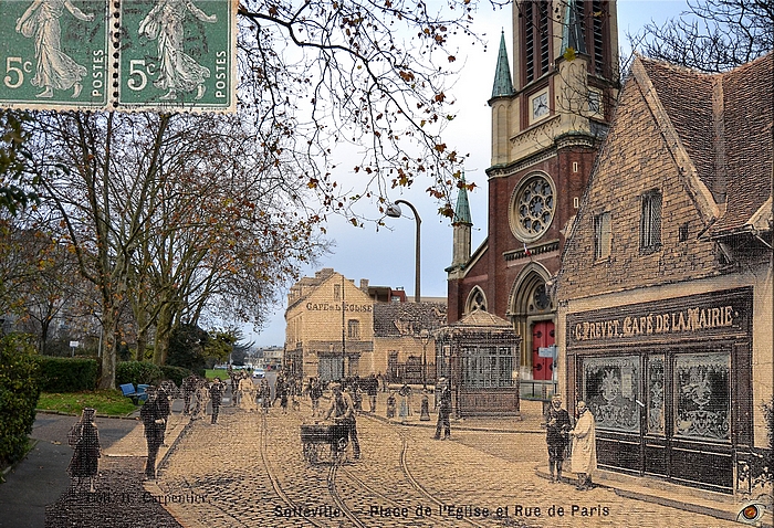 Rephotographie avant/après de la rue de Paris et église Notre-Dame de l'Assomption - Sotteville-lès-Rouen