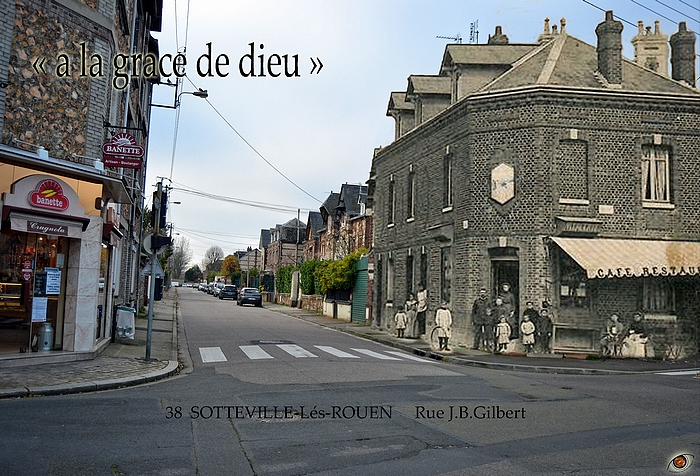Rephotographie du café "À la grâce de Dieu" au carrefour des rues du Madrillet et J.B. Gilbert à Sotteville-lès-Rouen