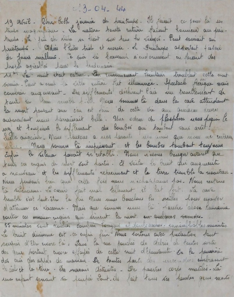 Recto de la lettre de Paulette Boulard après le bombardement de la nuit du 18 au 19 avril 1944 à Sotteville-lès-Rouen