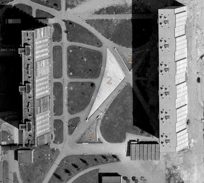 Bassins triangulaires dans la Zone Verte (Espace Marcel Lods) pendant la reconstruction de Sotteville-lès-Rouen