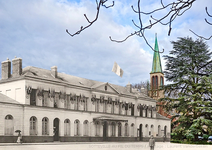 L'ancienne marie et l'église Notre-Dame de l'Assomption (ancien centre-ville) à Sotteville-lès-Rouen. Rephotographie (montage avant/après entre la photo ancienne et actuelle)