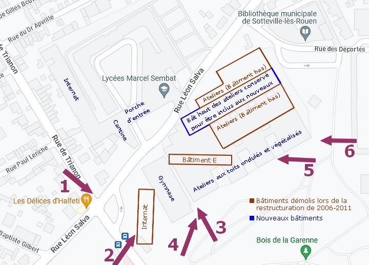 Plan des anciens et des nouveaux bâtiments du lycée Marcel Sembat à Sotteville-lès-Rouen avant et après le réaménagement de 2006-2011 