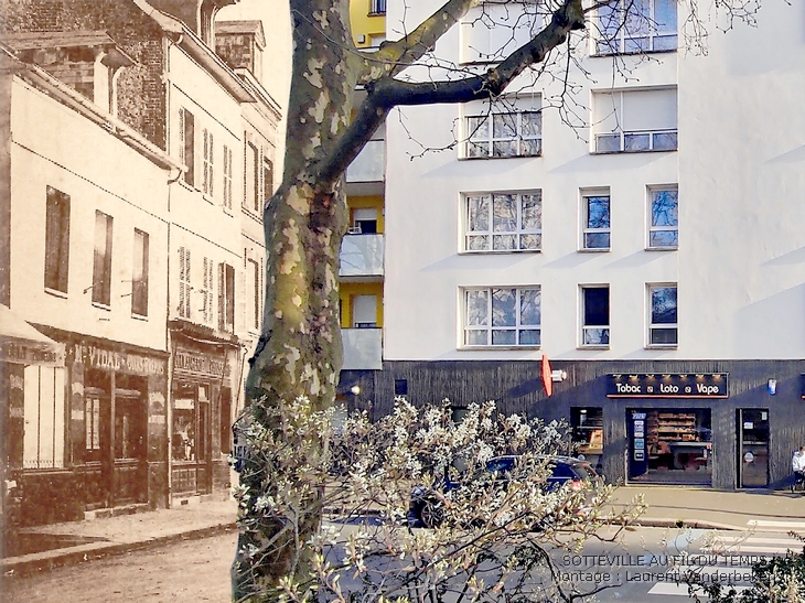 Montage entre une photo ancienne de la place de la République à Sotteville-lès-Rouen et l'immeuble Charlotte Perriand qui la remplace rue Raspail, prises sous le même angle (rephotographie).