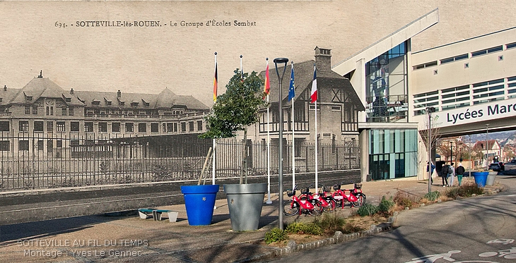 Montage rephotographie de deus photos des lycées Marcel Sembat à Sotteville-lès-Rouen