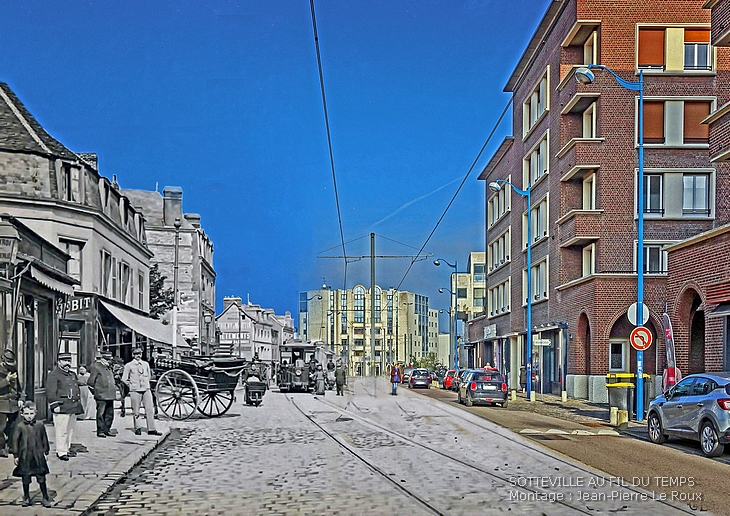 Montage rephotographique entre une carte postale ancienne et une vue actuelle de la place Voltaire à sotteville-lès-rouen
