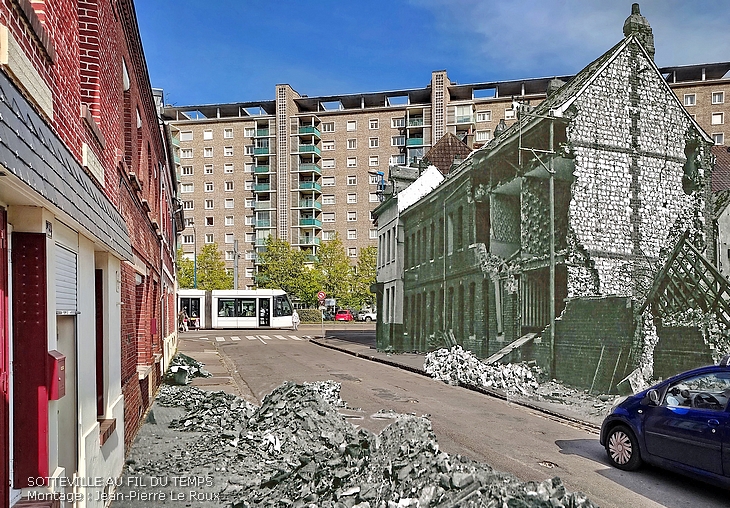 Montage rephotographique : montage avant/après entre deux photos fusionnées  (bombardements à Sotteville-lès-Rouen)