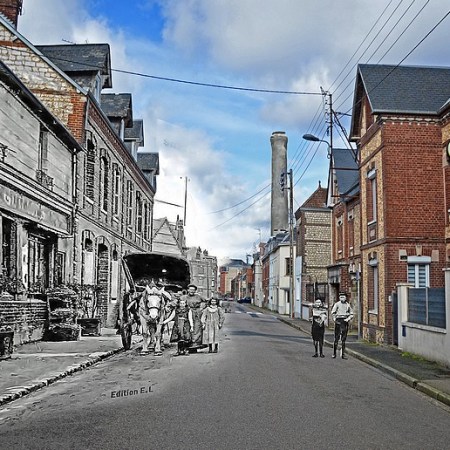 Rephotographie (montage avant/après) de la rue de Trianon à Sotteville-lès-Rouen