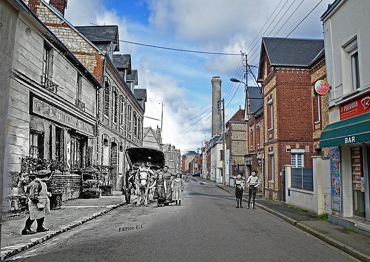 Rephotographie (montage avant/après) de la rue de Trianon à Sotteville-lès-Rouen