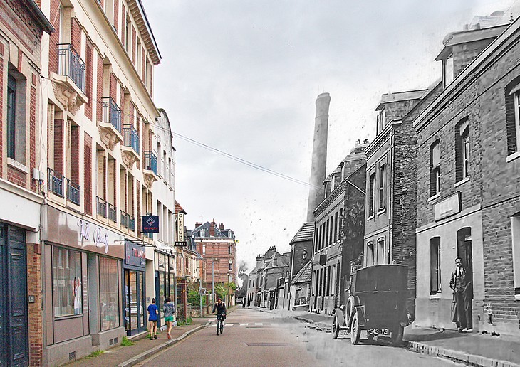 Rephotographie (fusion entre une photo ancienne et une photo actuelle) de la rue de Trianon à Sotteville-lès-Rouen.